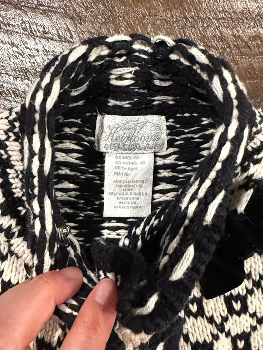 Girls Black & Cream Knit Double-Breasted Pea Coat with Velvet Bow